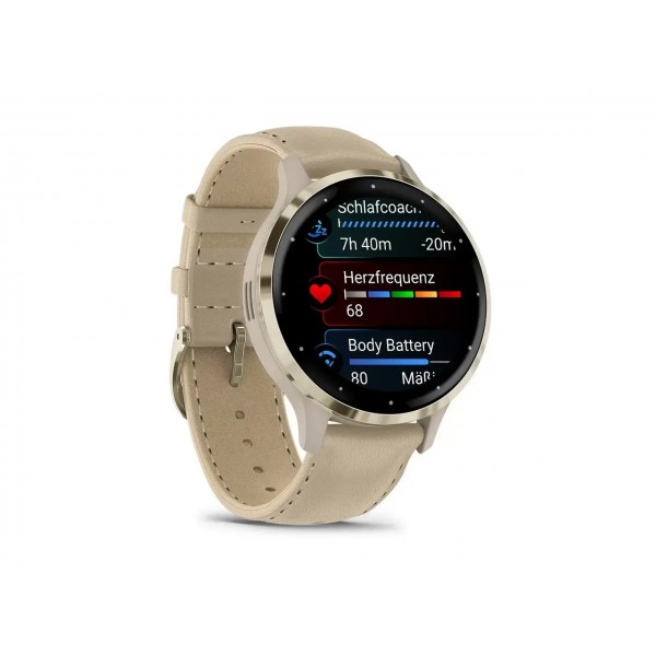 Garmin Venu 3S Soft Gold Stainless Steel Bezel with French Gray Case and Leather Band (010-02785-55)