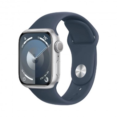 New Apple Watch Series 9 GPS 45mm Silver Aluminum Case w. Storm Blue Sport Band - M/L