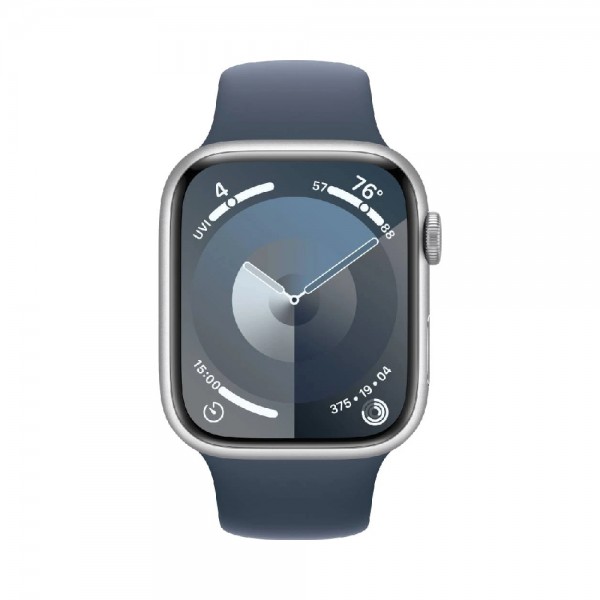 New Apple Watch Series 9 GPS 45mm Silver Aluminum Case w. Storm Blue Sport Band - M/L