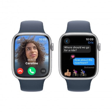 New Apple Watch Series 9 GPS 41mm Silver Aluminum Case w. Storm Blue Sport Band - M/L