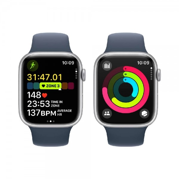New Apple Watch Series 9 GPS + Cellular 45mm Silver Aluminum Case w. Storm Blue Sport Band - M/L