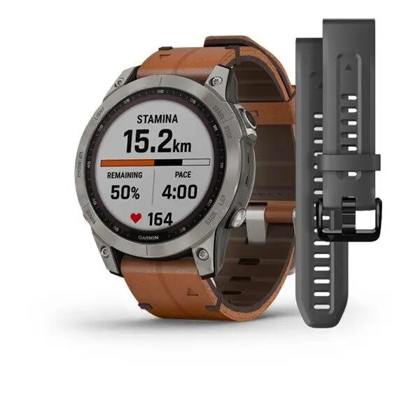 Garmin Fenix 7 Sapphire Solar Titanium with Chestnut Leather Band (010-02540-31)