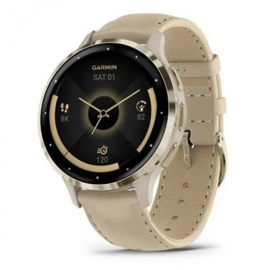 Garmin Venu 3S Soft Gold Stainless Steel Bezel with French Gray Case and Leather Band (010-02785-55)
