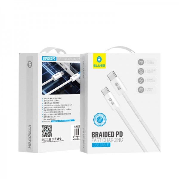 Кабель Blueo Braided PD Fast Charging USB-C to USB-C Cable White