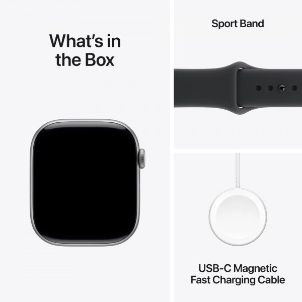 New Apple Watch Series 11 42mm Space Gray Aluminum Case with Black Sport Band S/M MEQW4
