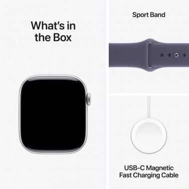 New Apple Watch Series 11 46mm Silver Aluminum Case with Purple Fog Sport Band S/M MEV94