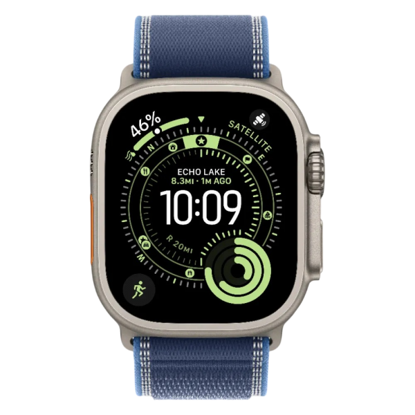 Нова Apple Watch Ultra 3 GPS + Cellular 49mm Natural Titanium Case w. Blue/Bright Blue Trail Loop - S/M (MEWR4)