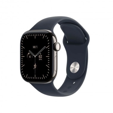 New Apple Watch Series 12 46mm Natural Titanium Case w. Navy Blue Sport Band M/L MJGN4