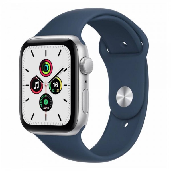 New Apple Watch SE GPS 44mm Silver Aluminum Case w. Abyss Blue S. Band (MKQ43)