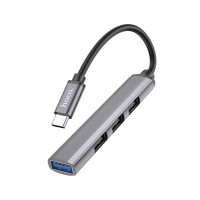 Переходник Type-C (PD) HUB HOCO HB26 4 in 1 adapter (Type-C to USB3.0+USB2.0*3) Metal Grey