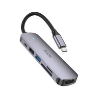 Переходник Type-C (PD) HUB HOCO HB28 Type-C multi-function converter (HDTV+USB3.0+USB2.0+SD+TF+PD) Metal Grey